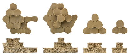 Four modular designs, each shown in smooth tan hexagonal blocks above a rough, rocky version of the same shape.