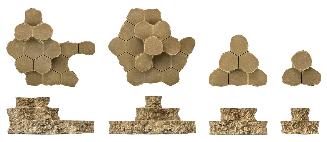 Four modular designs, each shown in smooth tan hexagonal blocks above a rough, rocky version of the same shape.