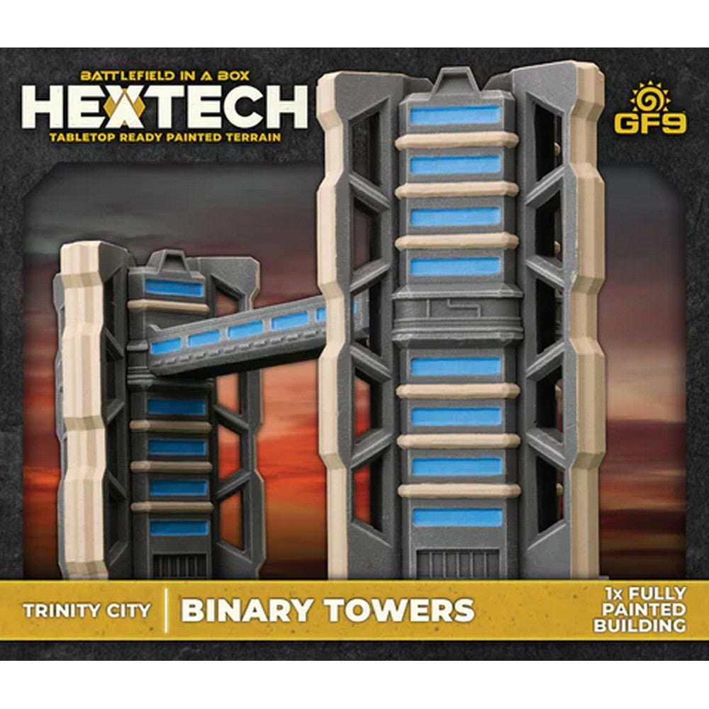 Painted Hextech tabletop terrain: two connected futuristic towers with gray, beige, and blue accents