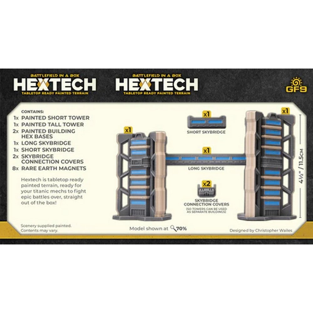 HEXTECH Tabletop Terrain: A modular set featuring painted grey towers and blue skybridges, shown assembled and as individual pieces