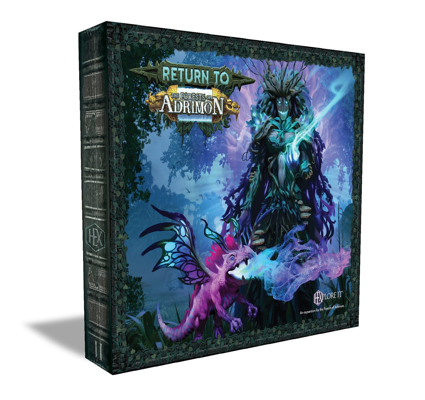 Box for 'HEXplore It: Return to The Forests of Adrimon expansion' features a glowing forest spirit and a purple dragon breathing colourful mist
