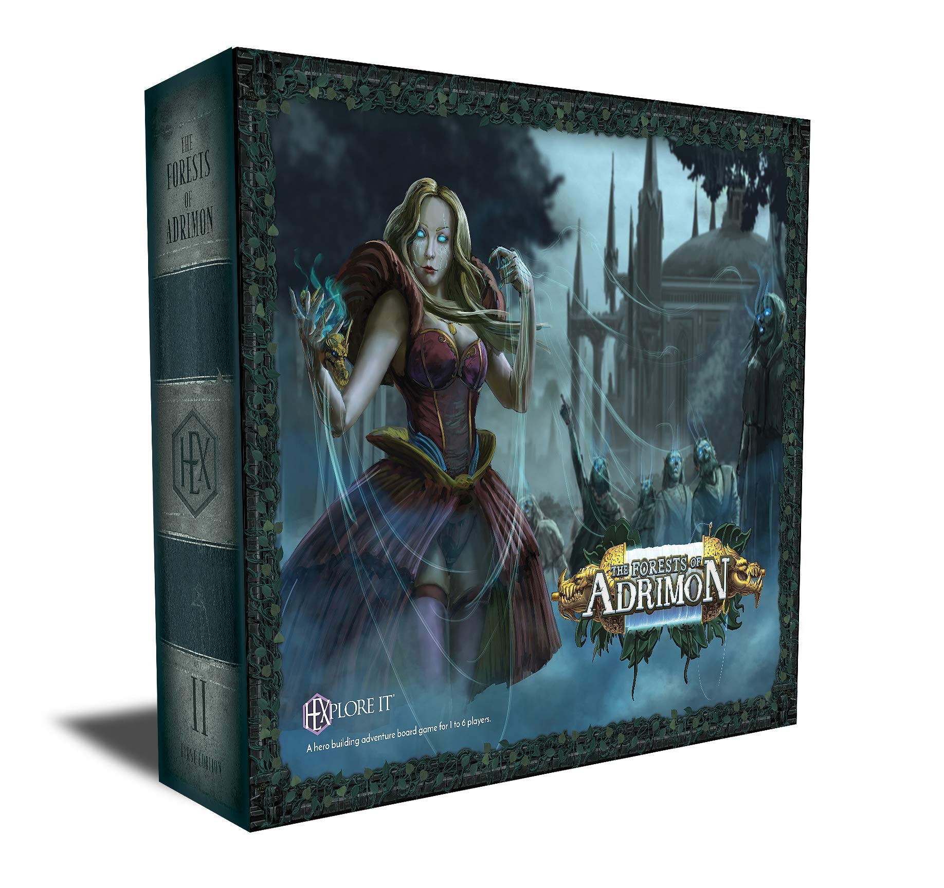 Board game box: "The Forests of Adrimon," featuring a glowing-eyed sorceress manipulating light and ghostly figures by a dark castle
