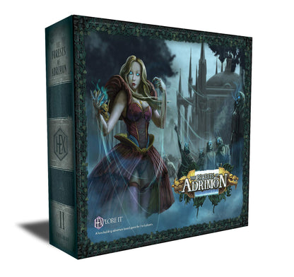 Board game box: "The Forests of Adrimon," featuring a glowing-eyed sorceress manipulating light and ghostly figures by a dark castle