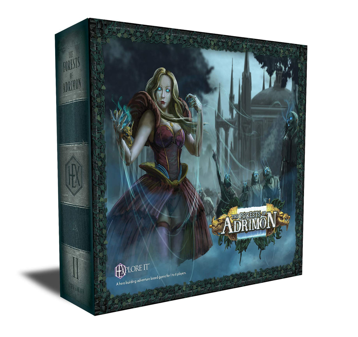Board game box: &quot;The Forests of Adrimon,&quot; featuring a glowing-eyed sorceress manipulating light and ghostly figures by a dark castle