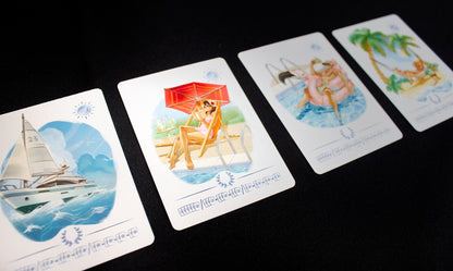 Four illustrated cards featuring tropical scenes on a black background