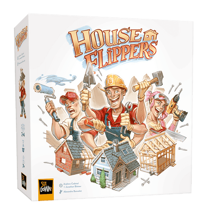 House Flippers board game box featuring characters with construction tools and houses
