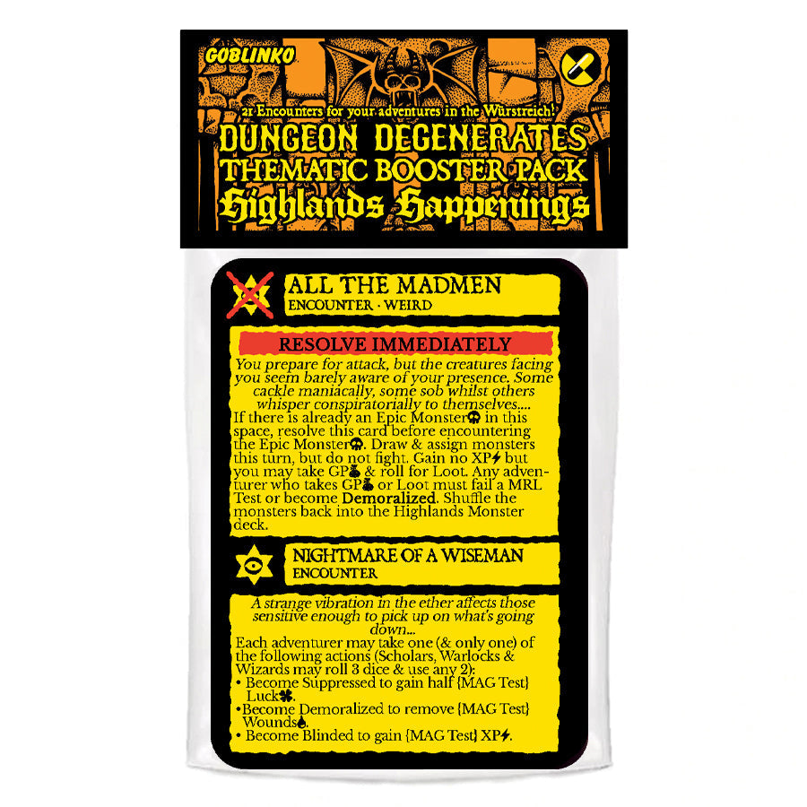 A black and yellow 'Dungeon Degenerates: Highlands Happenings' booster pack, showing an 'All the Madmen' game card