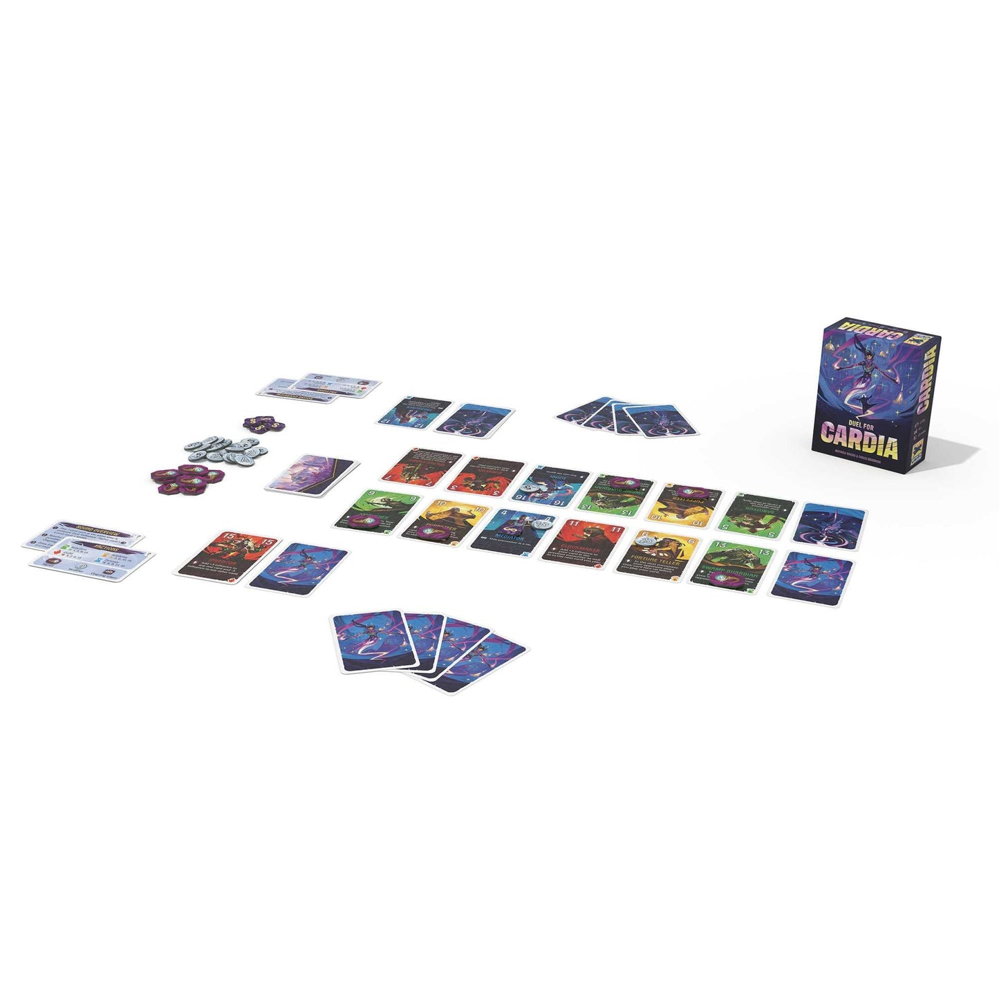 Box, tokens, and multiple character and rule cards from the "Duel for Cardia" tabletop game laid out on a surface