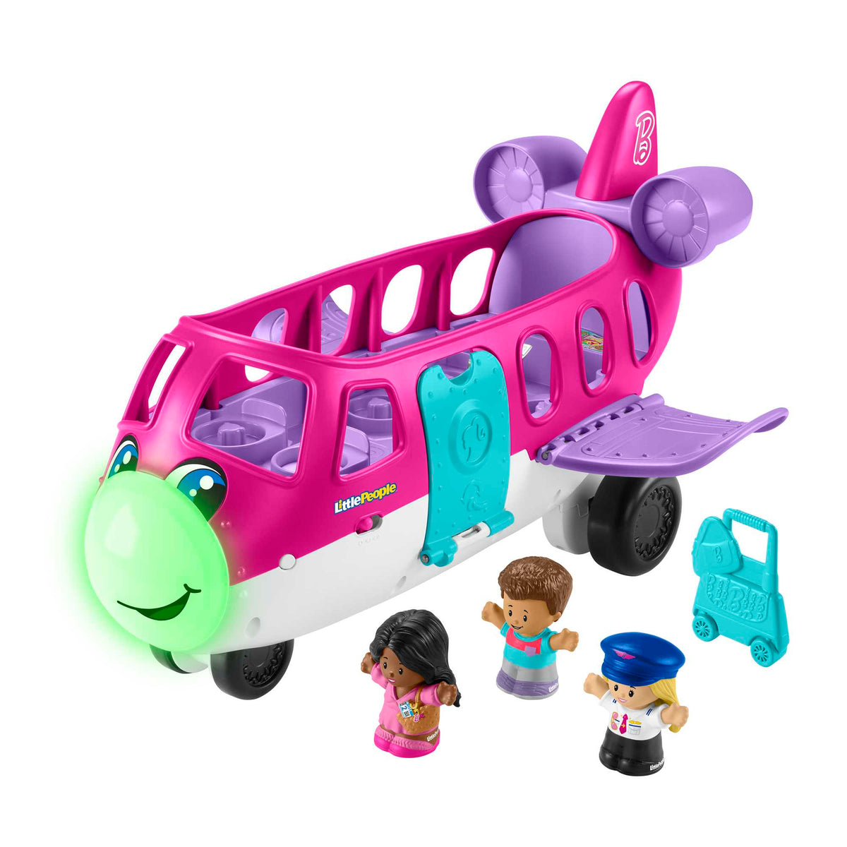 Pink Little People airplane with glowing green nose, a pilot, two passengers, and a blue luggage cart