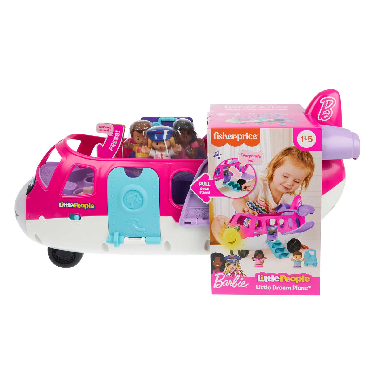 Pink and white Fisher-Price Little People Barbie Dream Plane toy with figures, in its box featuring a child playing