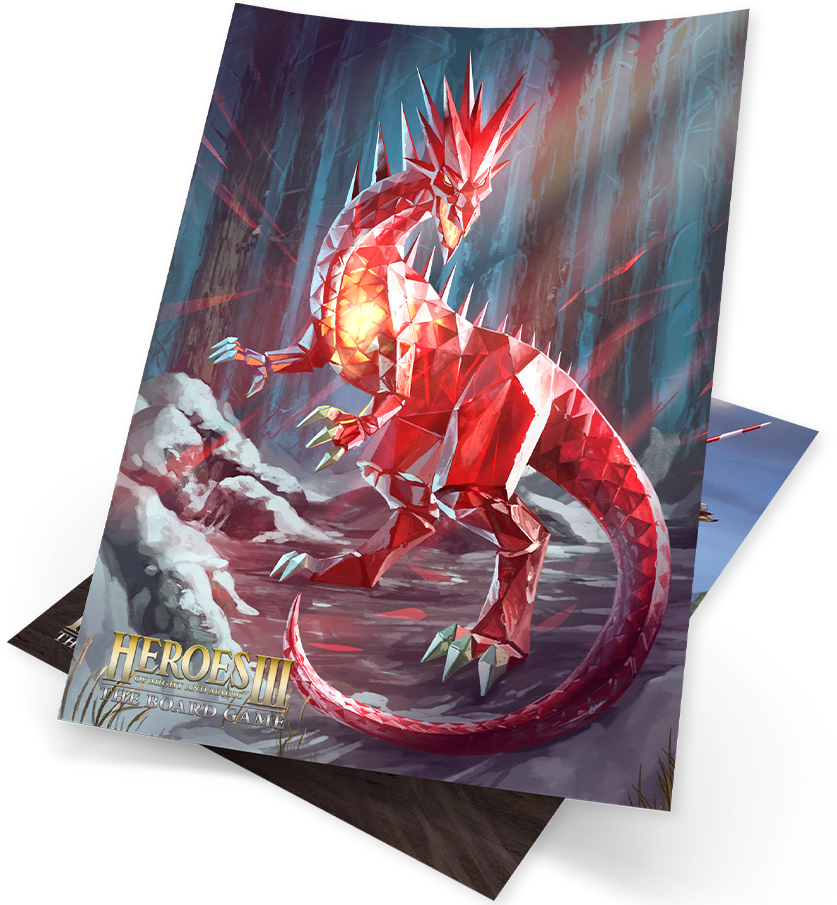 Archon Studio Heroes of Might and Magic III Board Game Poster featuring vibrant red geometric dragon with glowing chest