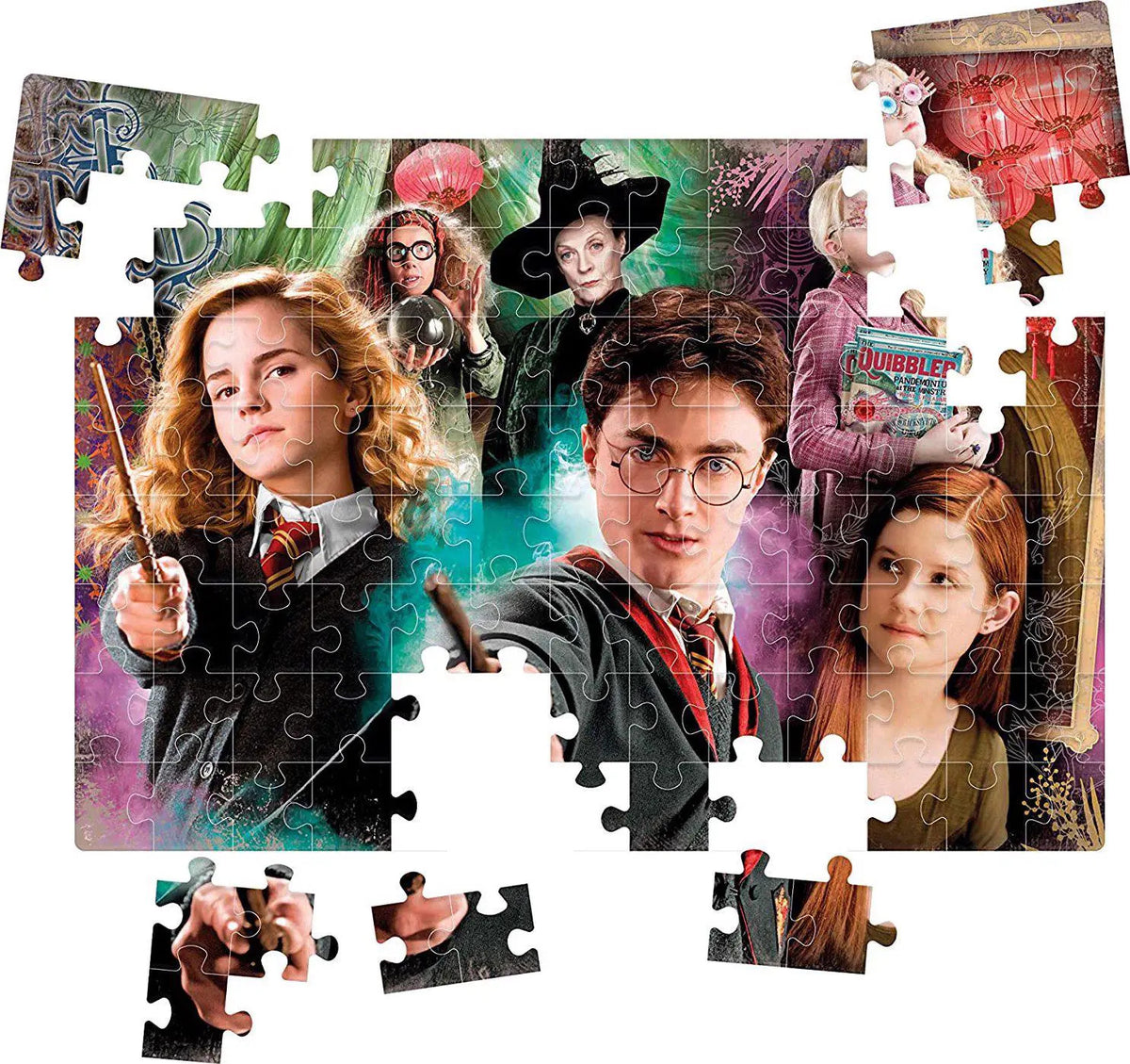 Close-up of assembled puzzle with characters and castle