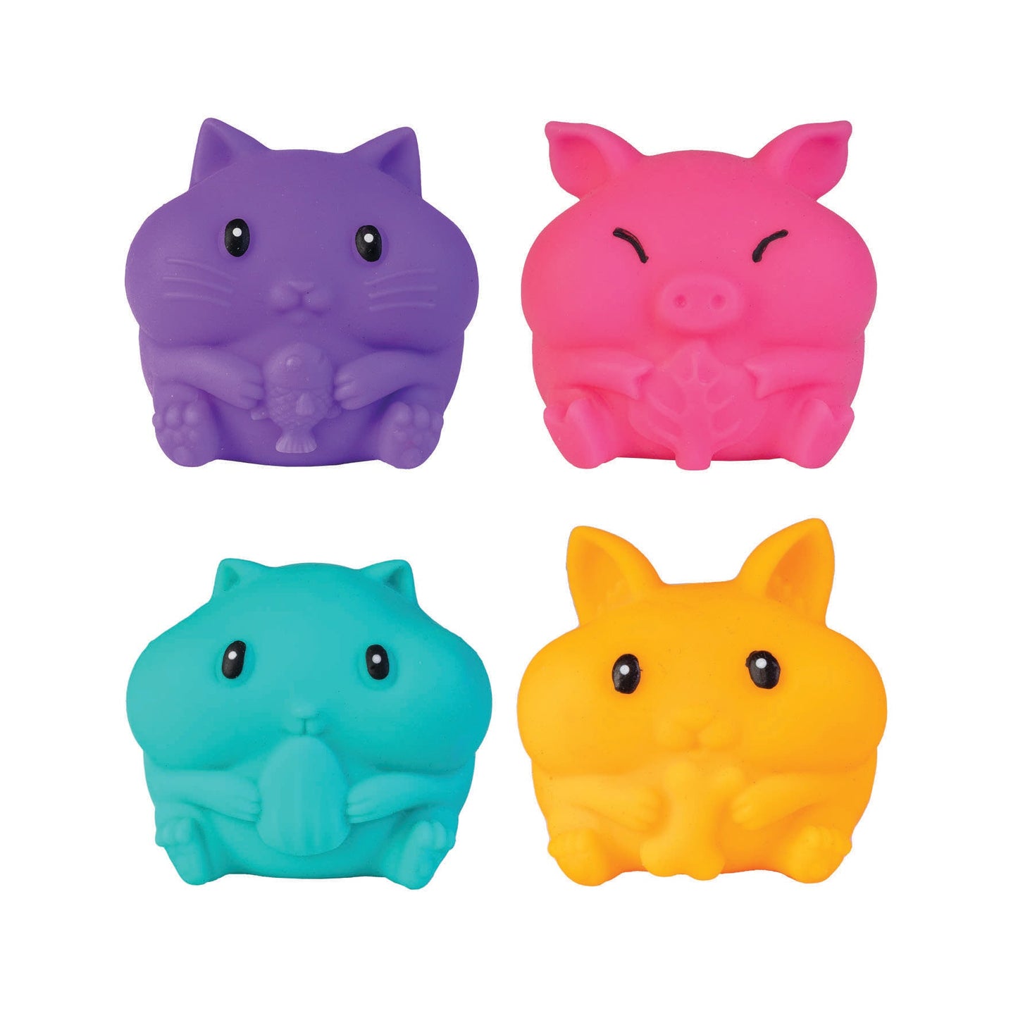 Four brightly colored squishy animal toys: purple cat, pink pig, teal squirrel, and orange rabbit
