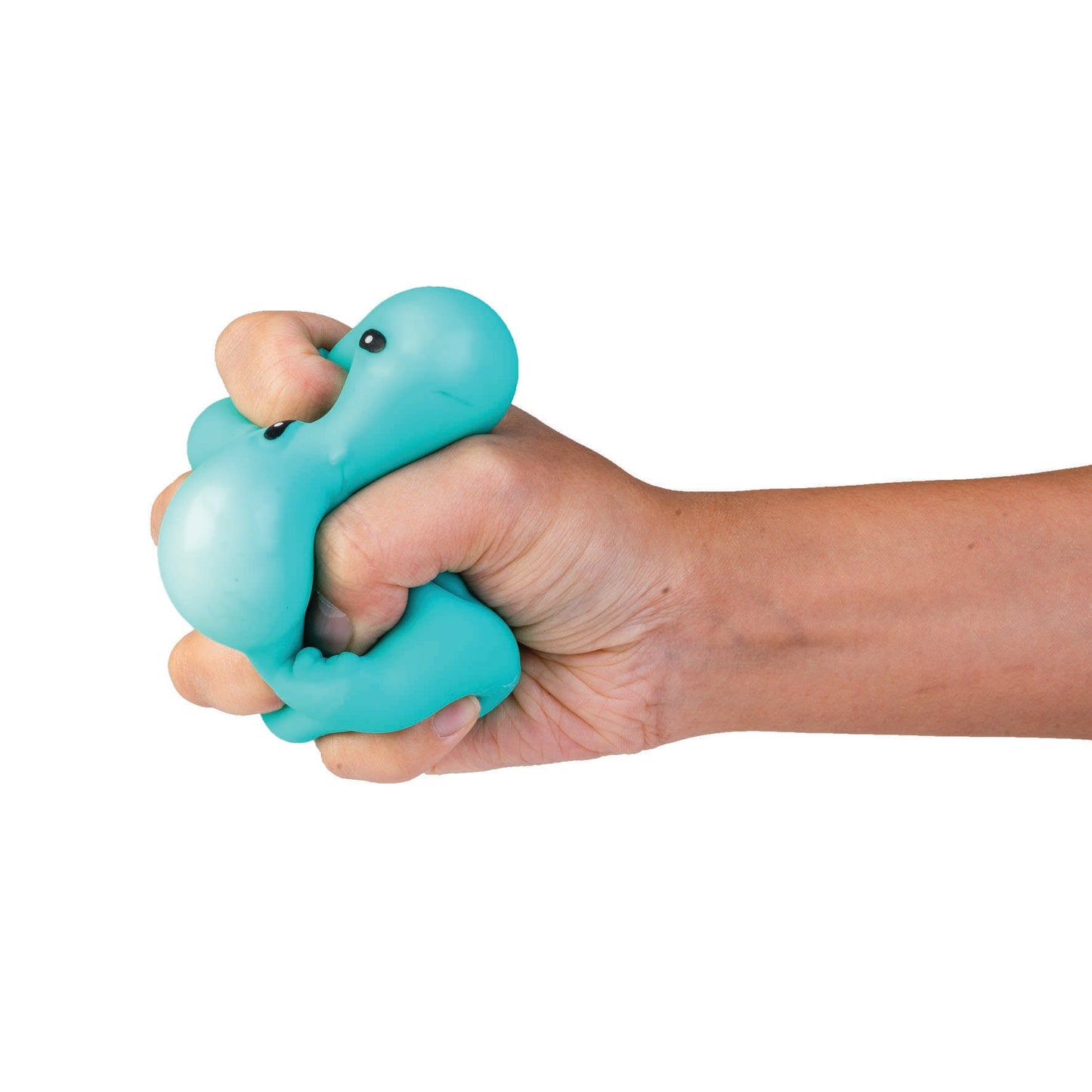 Hand compressing a teal, character-shaped stress toy
