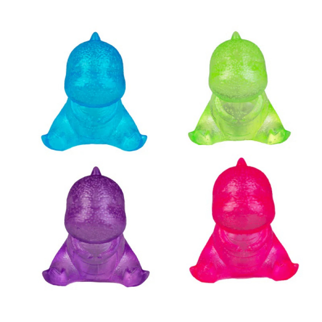 Group of four textured, translucent dinosaur toys in blue, green, purple, and pink