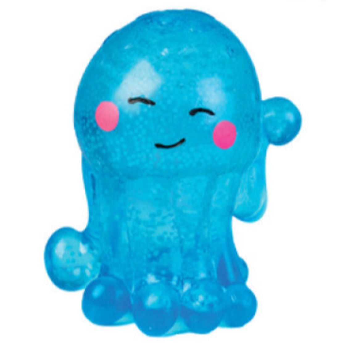 Smiling, translucent blue octopus squishy toy with pink cheek blush