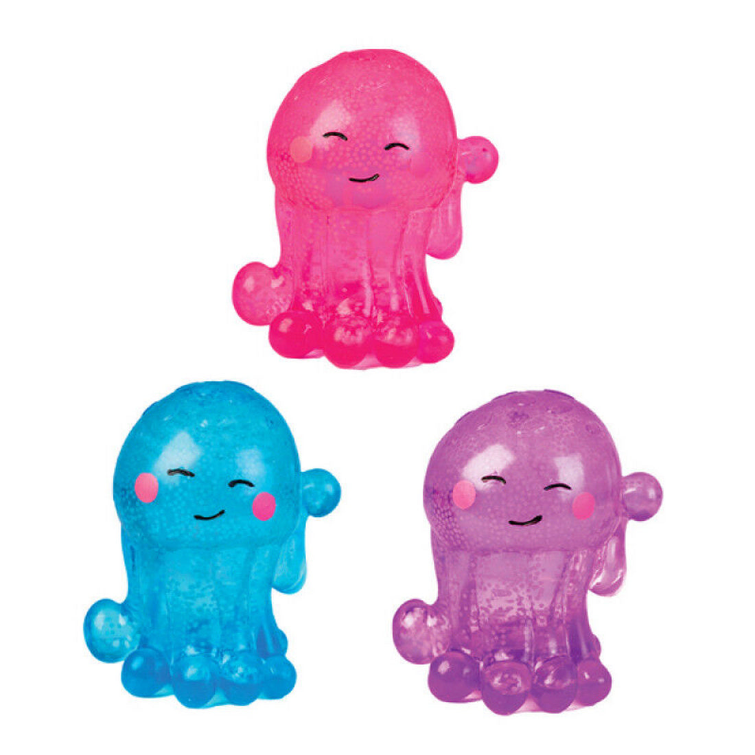 Pink, blue, and purple translucent squishy jellyfish toys with smiling faces