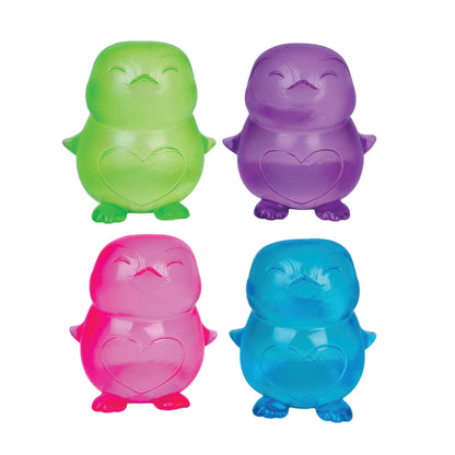 Four colorful plastic penguin figures (green, purple, pink, blue) with embossed hearts