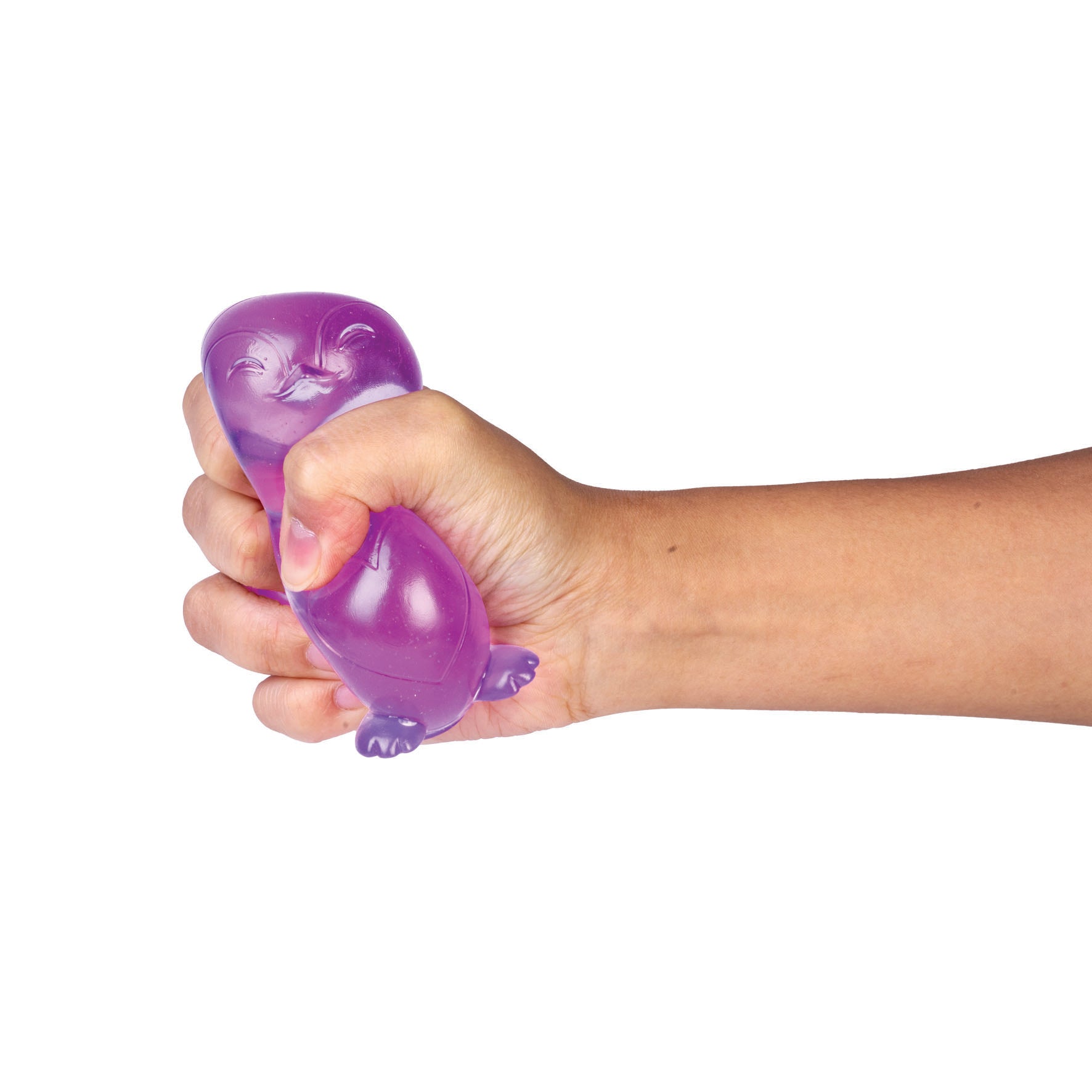 Hand squeezing a purple, translucent penguin stress toy
