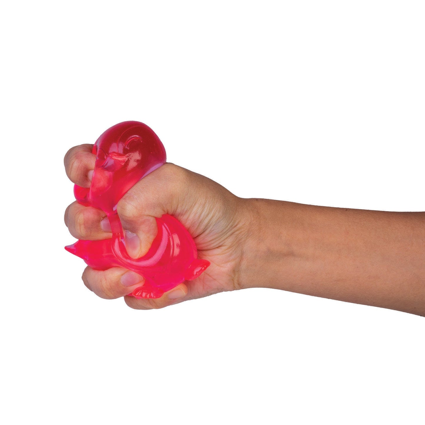 A hand squeezing a translucent pink gel stress toy