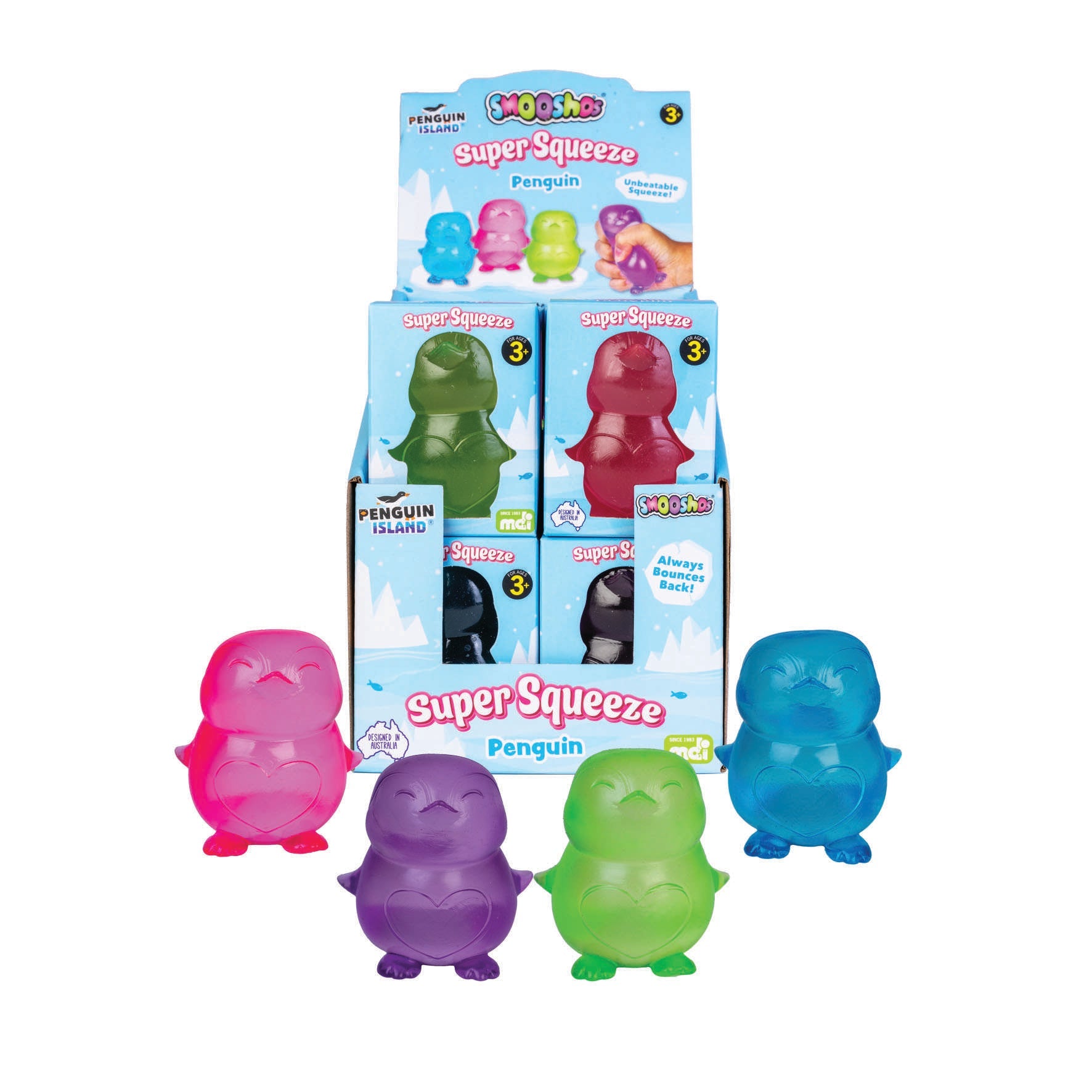 Retail display box featuring colorful, translucent Super Squeeze Penguin stress toys, with four loose penguins in front
