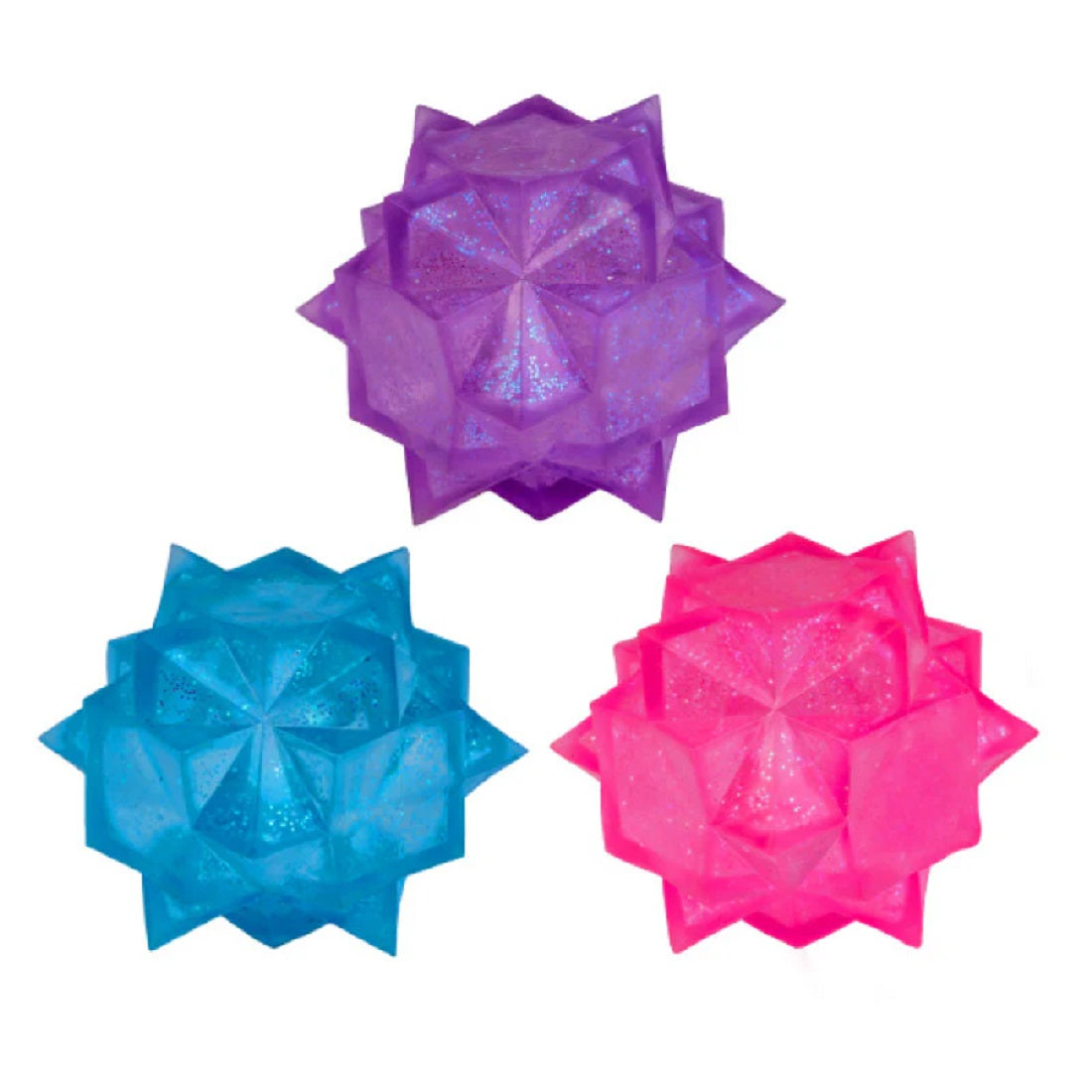 Three faceted, star-shaped geometric objects in pink, blue, and purple glitter
