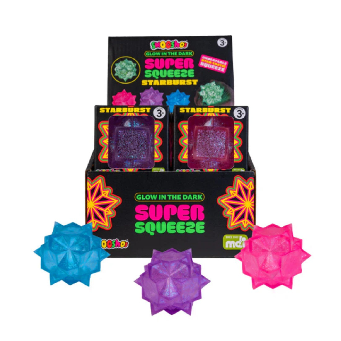 Retail display of colorful, glittery, star-shaped Super Squeeze Starburst glow-in-the-dark toys