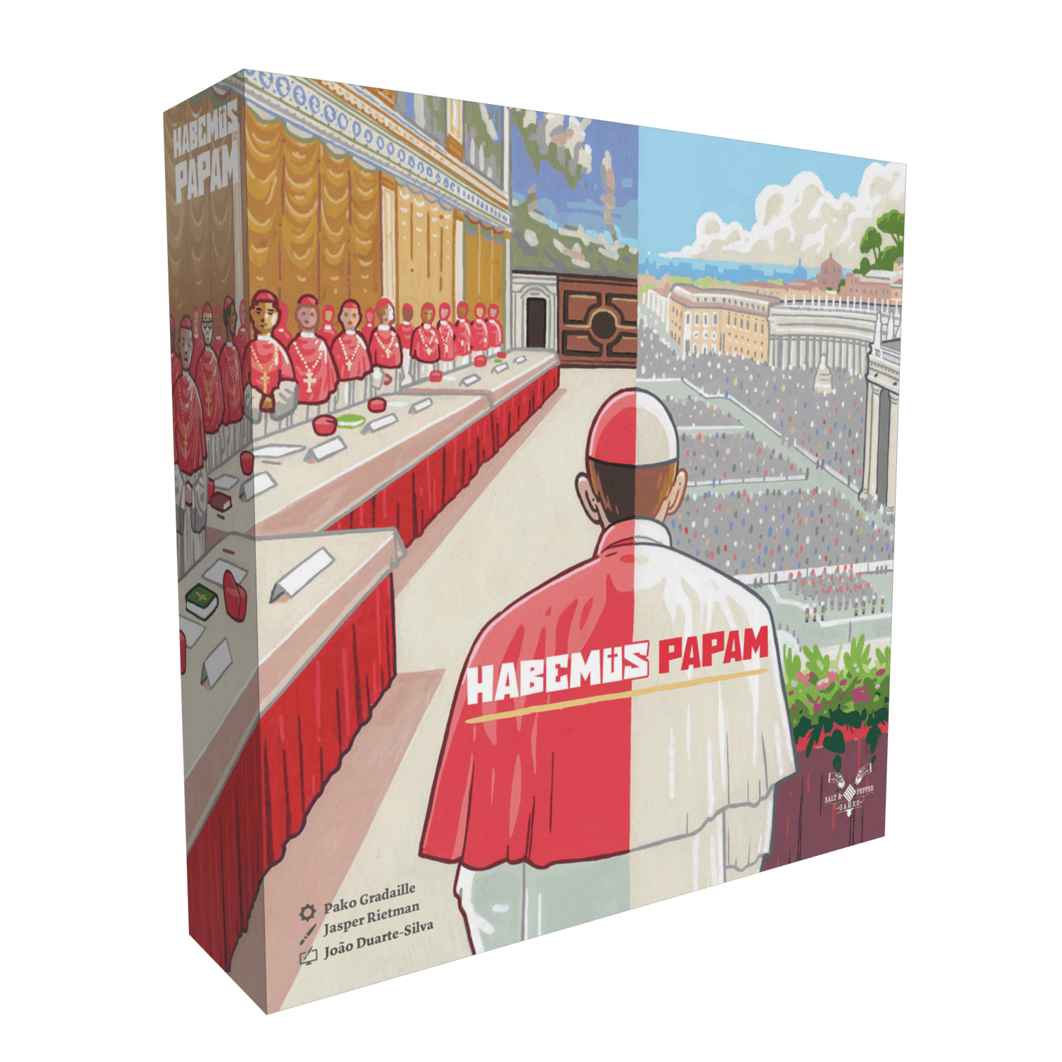 Game box: Pope in red and white vestments with "Habemus Papam" on back overlooks St. Peter's Square; cardinals vote