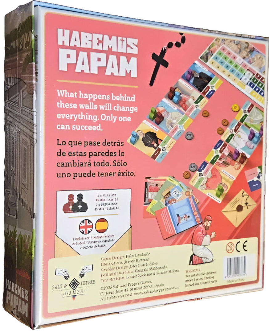 Back of "Habemus Papam" board game box, showing game pieces, a rosary, and a kneeling cardinal, hinting at a papal election