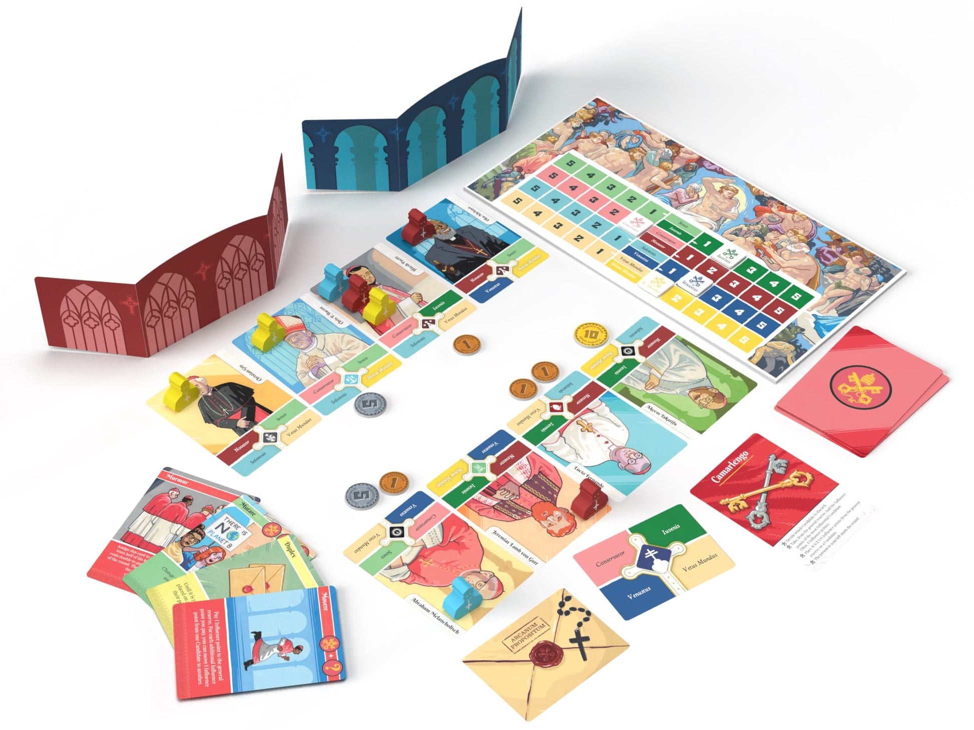 A Vatican-themed Habemus Papam board game setup, showing character cards, colored pawns, tokens, and a game board with Renaissance art