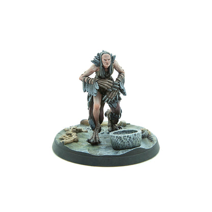 A gaunt, pale hag-like creature miniature with clawed hands and feet stands by bones and a stone basin