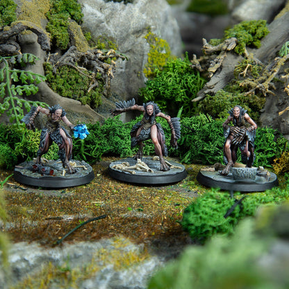 Three monstrous humanoid miniatures: one holds a glowing blue orb, one roars, one tends a pot