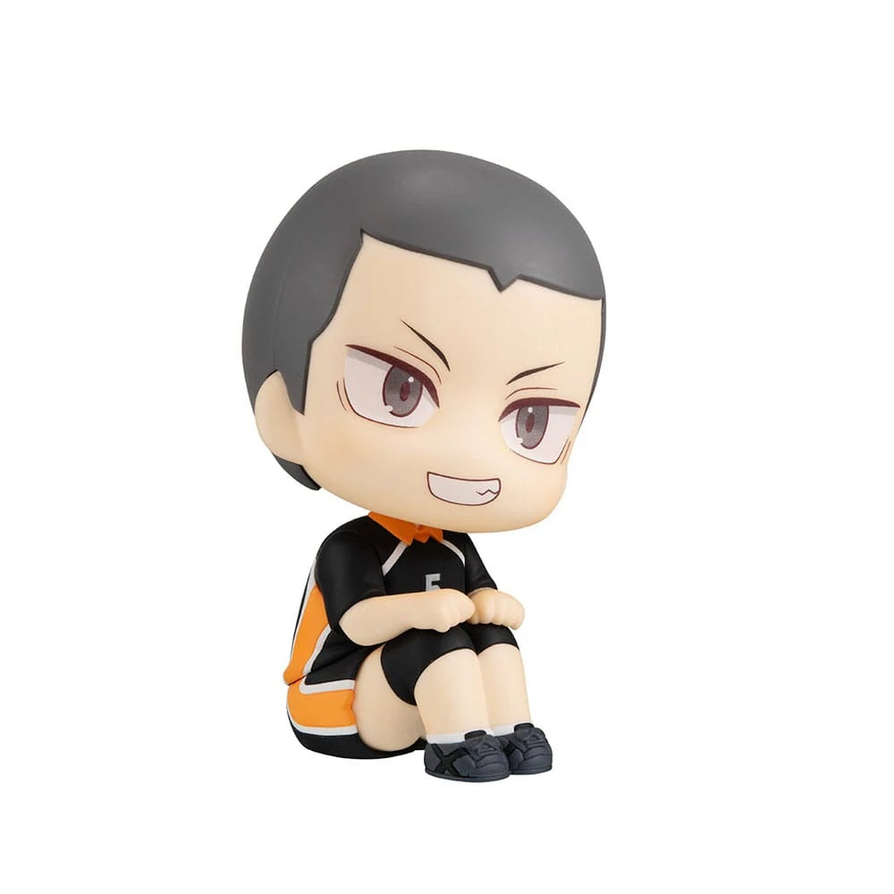Chibi figure of Tanaka RyÅ«nosuke in a black and orange volleyball uniform (No. 5), sitting and hugging his knees