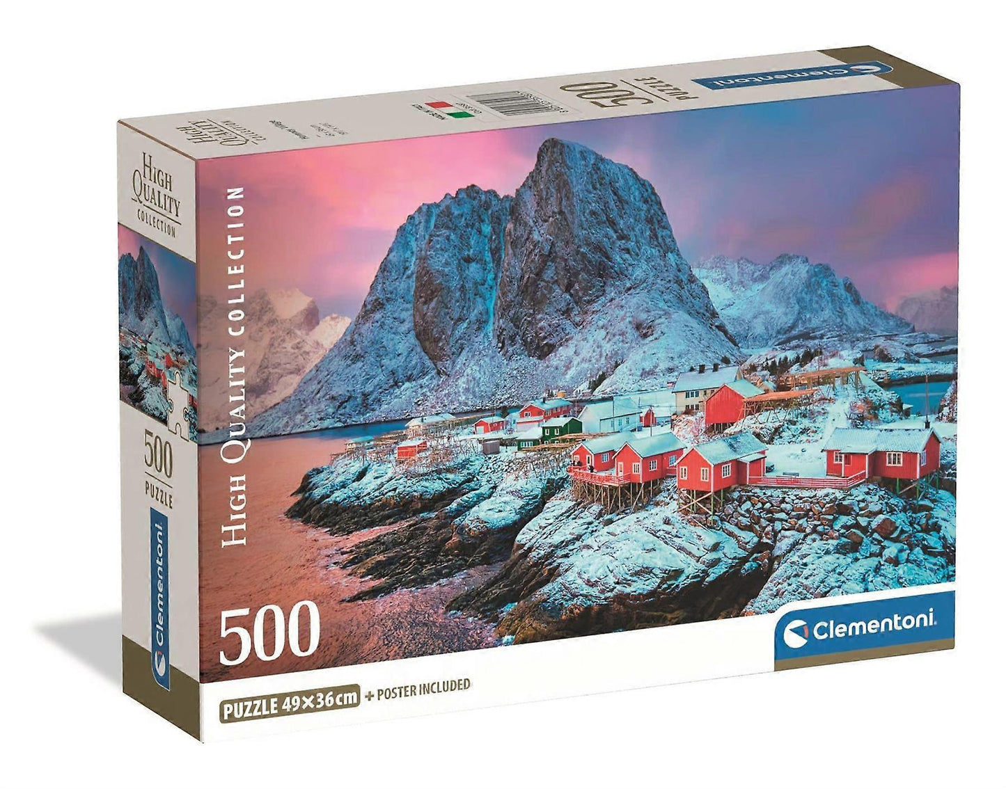 A Clementoni 500-piece puzzle box featuring a snowy village with red houses by a fjord, large mountains, and a pink sky.