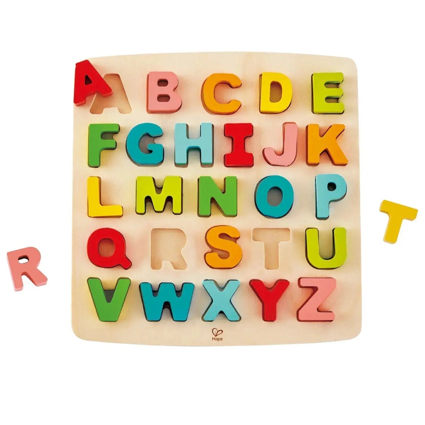 Colourful wooden alphabet puzzle with most letters in place on a light wood board; R and T are removed.