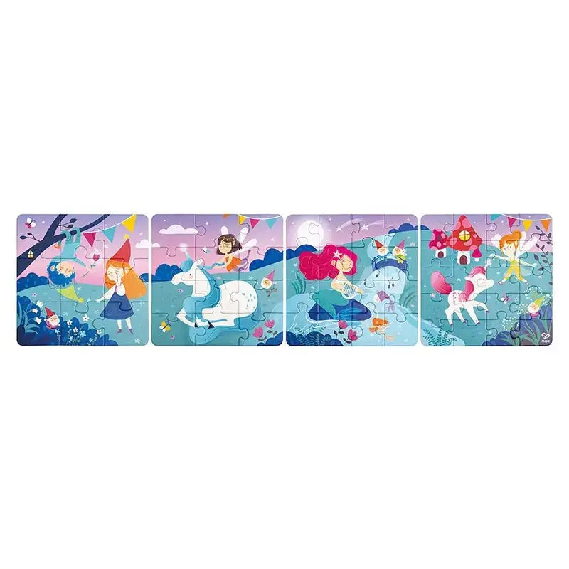 Children&#39;s puzzle showing four magical scenes with fairies, gnomes, unicorns, and a mermaid playing a harp.