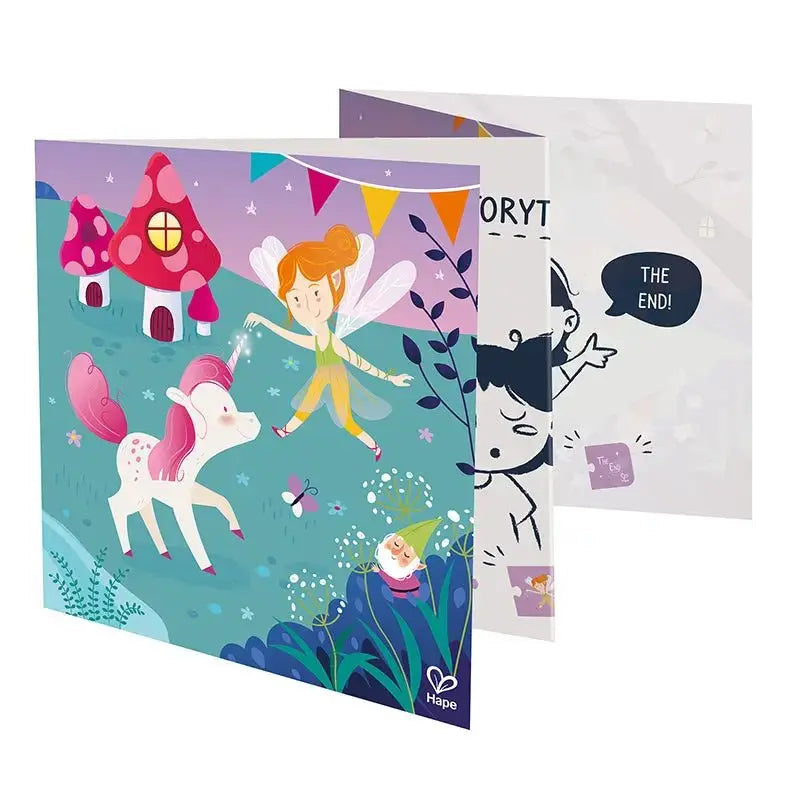 Open storybook with a colourful fantasy scene of a fairy, unicorn, and gnome, plus a black-and-white 'THE END!' page.
