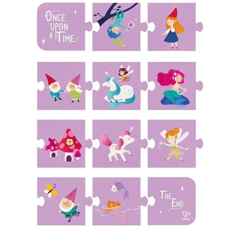 A 4x3 grid of purple children's puzzle pieces with 'Once upon a time', 'The End', and various fairy tale characters.