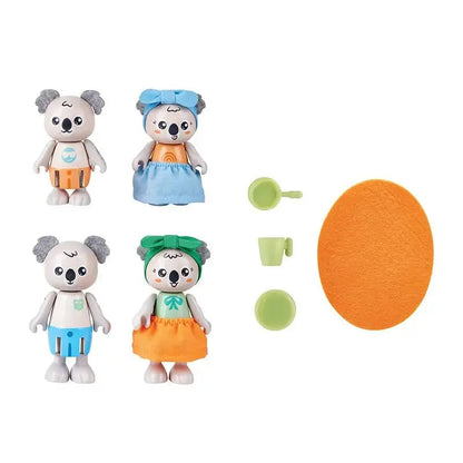 Four poseable koala figures in colourful outfits, with miniature green cooking accessories and an orange felt mat.