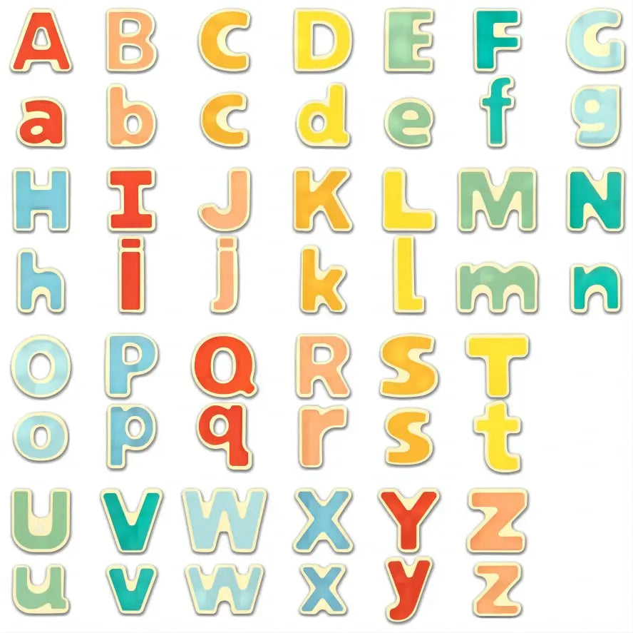 Colourful, rounded block letters of the complete English alphabet, uppercase and lowercase, arranged in a grid.