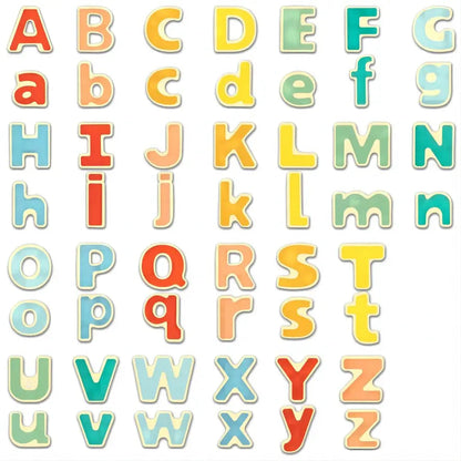 Colourful, rounded block letters of the complete English alphabet, uppercase and lowercase, arranged in a grid.