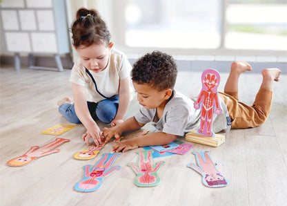 Two children intently play with colourful human anatomy puzzles on the floor; one model stands upright.