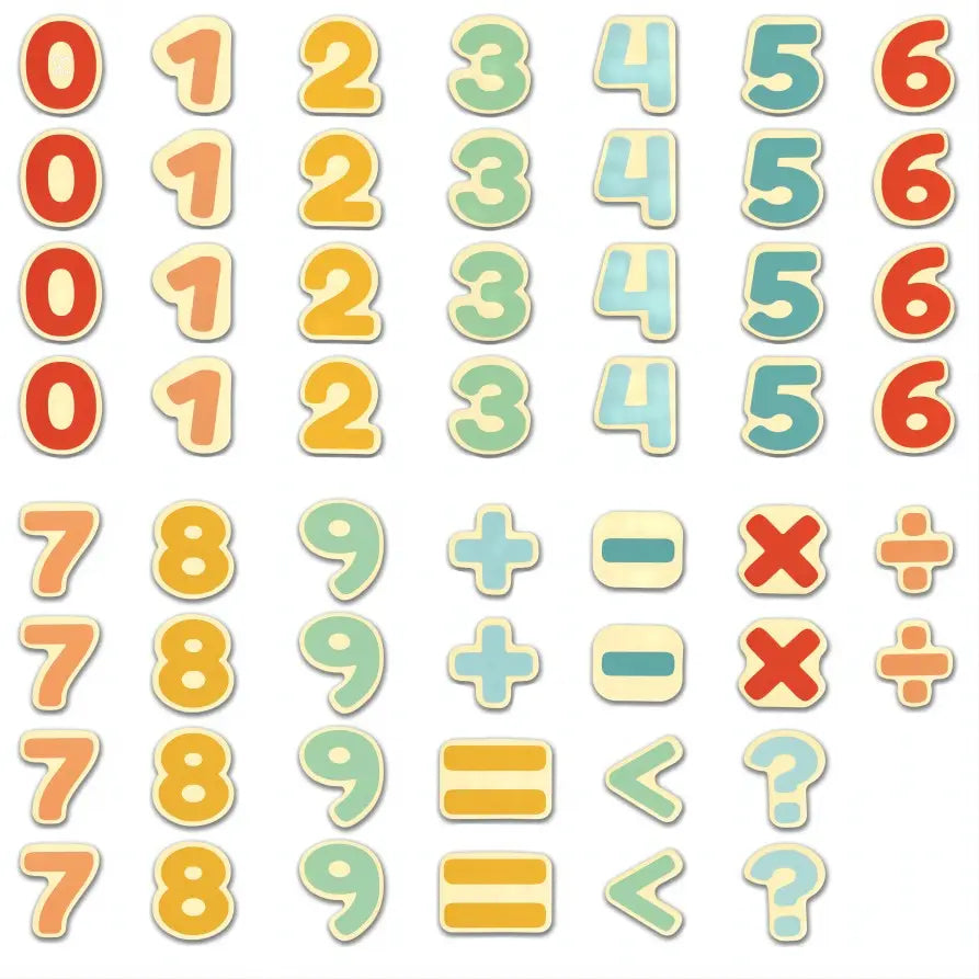 Colourful, slightly textured numbers 0-9 and mathematical symbols are arranged in a repeated grid pattern.