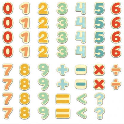 Colourful, slightly textured numbers 0-9 and mathematical symbols are arranged in a repeated grid pattern.