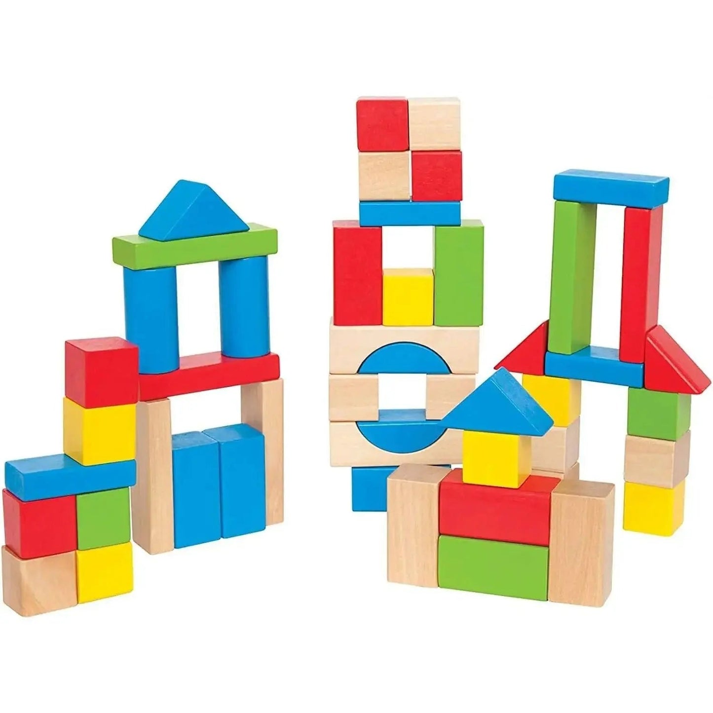 Natural wood, red, blue, green, and yellow wooden blocks built into four distinct structures on white.
