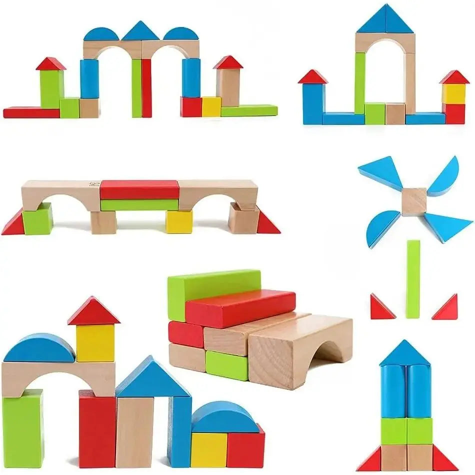 Colourful wooden building blocks arranged into diverse structures and patterns.