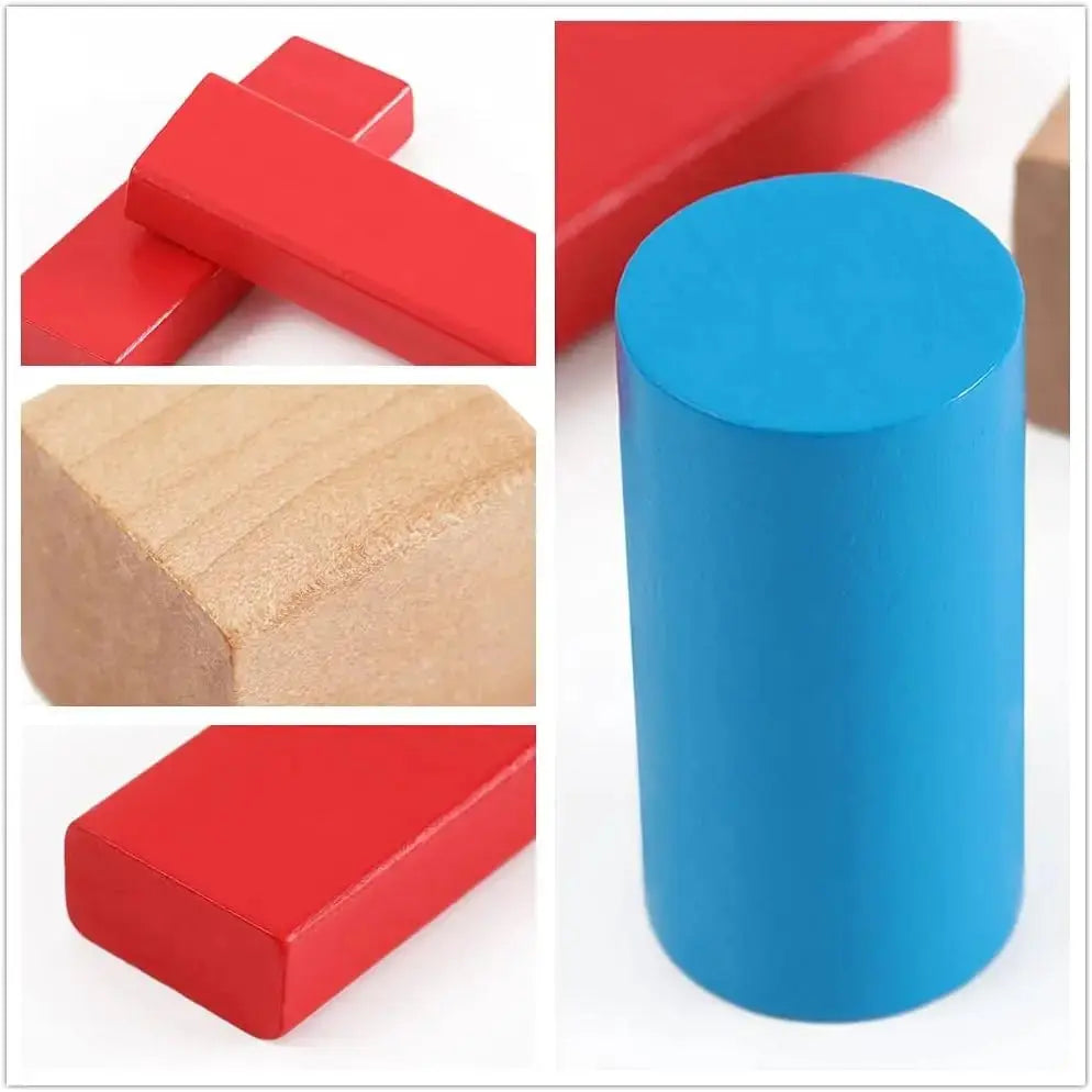 Colourful wooden blocks: red rectangles, a textured natural wood cube, and a prominent blue cylinder.