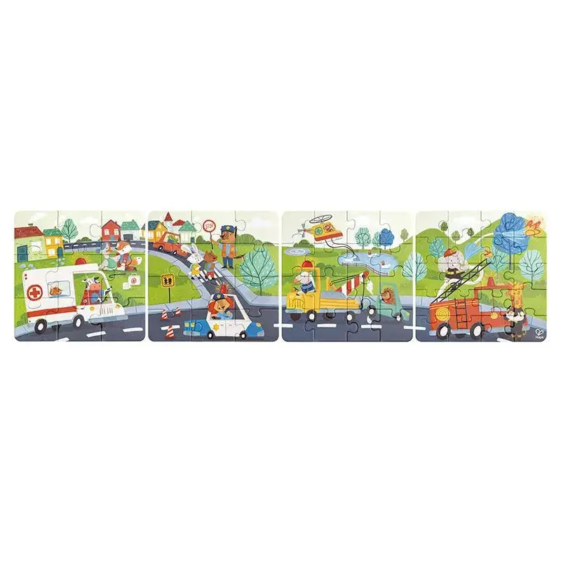 A colourful 4-piece children's puzzle showing cartoon animals driving various community vehicles on a busy road.