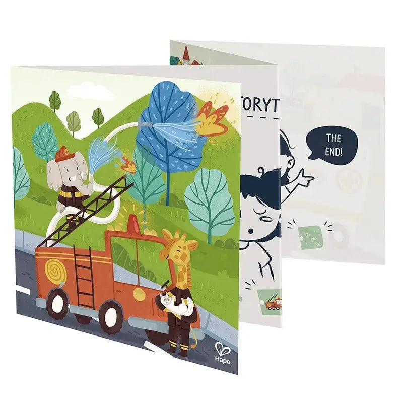 Children's storybook panels: Elephant firefighter on a truck ladder sprays a burning tree; giraffe holds rescued cat. Final panel: "THE END!".