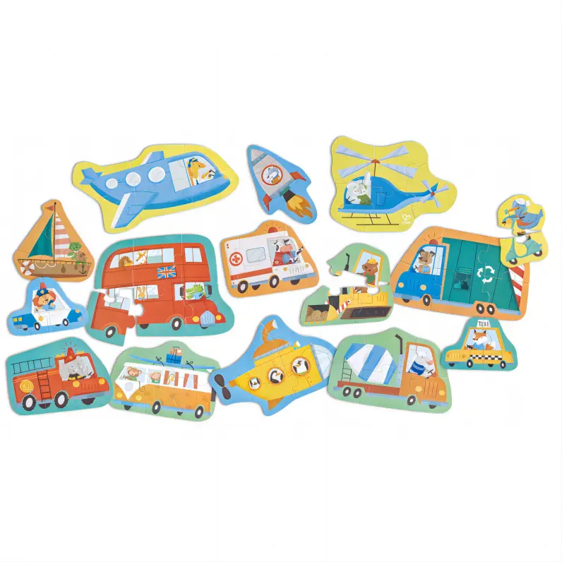 Colourful children's vehicle puzzles, scattered on white. Each depicts an animal driving a different transport.